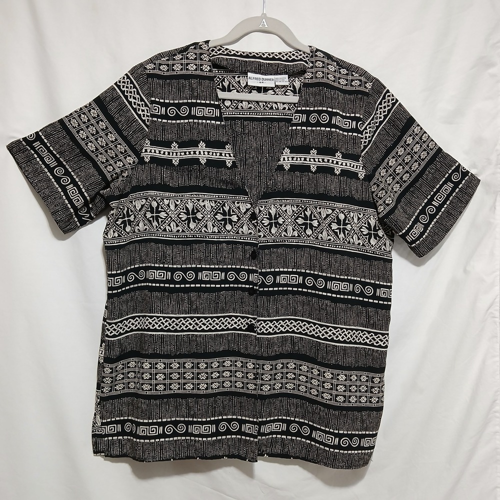 Alfred Dunner Button Down Top Aztec Print Short Sleeve Blouse Size L